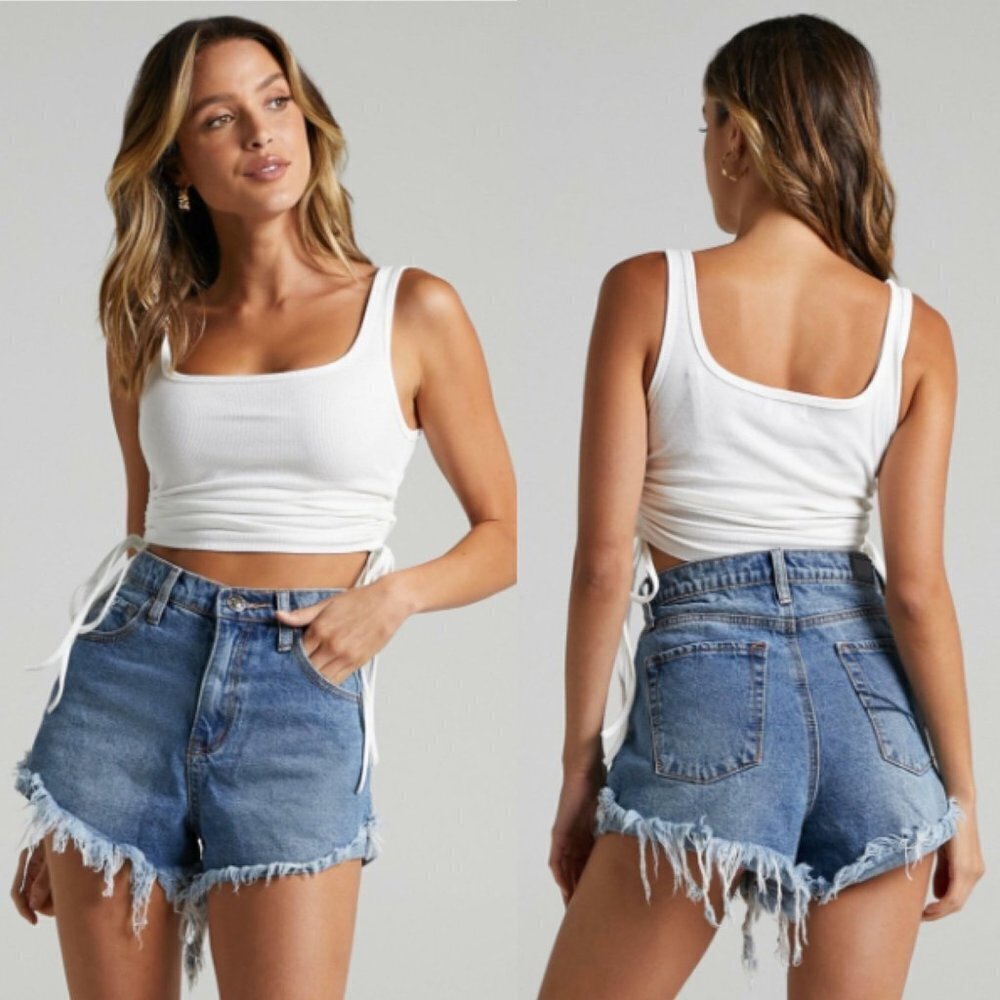 Showpo Found the Light Distressed Denim High Waist Cutoff Shorts US 4 AU 8